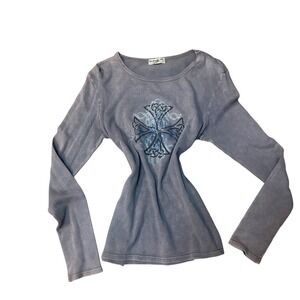 Y2K Energe By Oneworld Women's Gray Long Sleeve Thermal Top Cross Rhinestone